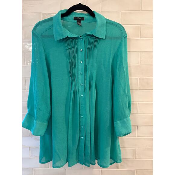 Alfani Turquoise Sheer Pleated Button Front Tunic Blouse Size 1X - Picture 1 of 5